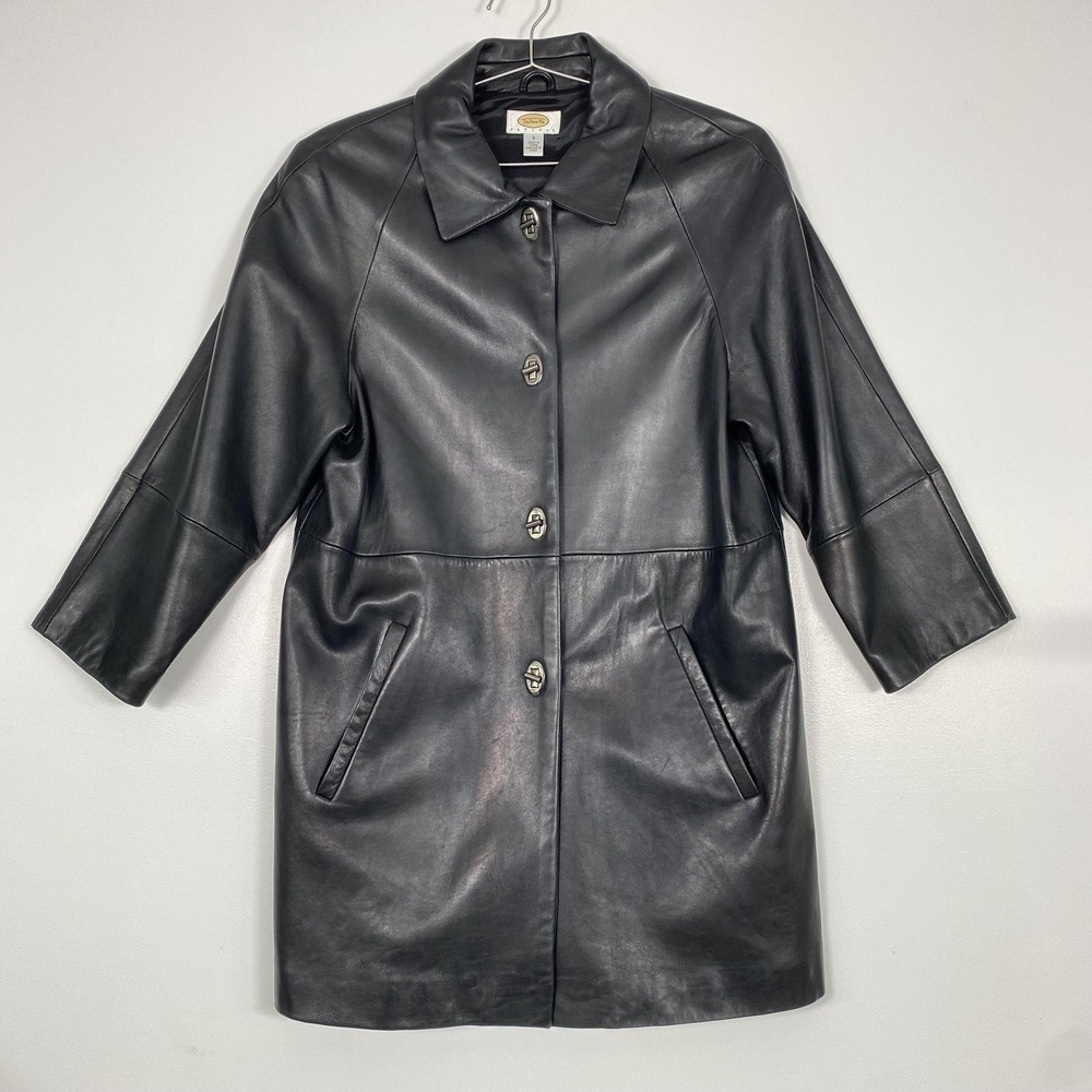 Talbots Coat Womens Petite Small Black Genuine Leather Toggle Lined MidLength‎